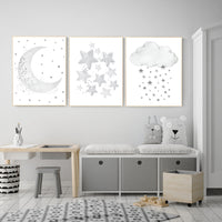Nursery wall art grey, gray nursery, nursery decor neutral, baby room decor gender neutral, moon and stars, grey nursery decor baby room art