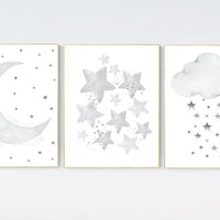 Nursery wall art grey, gray nursery, nursery decor neutral, baby room decor gender neutral, moon and stars, grey nursery decor baby room art