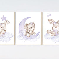 Nursery wall art bunny, purple nursery decor, Nursery decor girl flower bunny, lilac, lavender, bunny print nursery girl, rabbit print