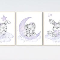 Purple nursery decor, Nursery wall art bunny, Nursery decor girl flower bunny, lilac, lavender, bunny print nursery girl, rabbit print