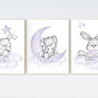 Bunny nursery wall art, Purple nursery decor, Nursery decor girl flower bunny, lilac, lavender, bunny print nursery girl, rabbit print