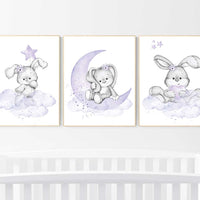 Purple nursery decor, Nursery wall art bunny, Nursery decor girl flower bunny, lilac, lavender, bunny print nursery girl, rabbit print