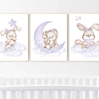 Nursery wall art bunny, purple nursery decor, Nursery decor girl flower bunny, lilac, lavender, bunny print nursery girl, rabbit print