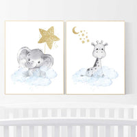 Nursery decor boy elephant and giraffe, Animal nursery for boys, blue gold, baby room wall art, nursery wall art animals, boys room prints