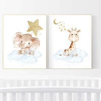 Animal nursery for boys, blue gold, Nursery decor boy elephant and giraffe, baby room wall art, nursery wall art animals, boys room prints