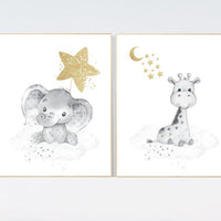 Baby room wall art gender neutral, nursery decor elephant, giraffe nursery, neutral nursery wall art, gray, grey, gold, gender neutral, twin