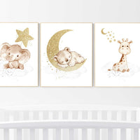 Animal nursery, gender neutral, grey gold, nursery prints, elephant and giraffe nursery, bear, baby bear, nursery decor twins, gray nursery