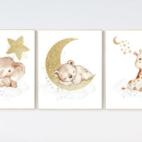 Animal nursery, gender neutral, grey gold, nursery prints, elephant and giraffe nursery, bear, baby bear, nursery decor twins, gray nursery