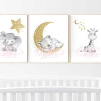 Animal prints for girls, pink and gold, Nursery decor girl elephant, animal nursery, giraffe baby room, pink gold, moon and stars, wall art