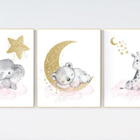 Animal prints for girls, pink and gold, Nursery decor girl elephant, animal nursery, giraffe baby room, pink gold, moon and stars, wall art