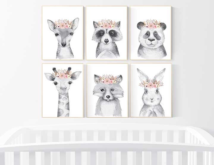 Nursery decor girl animal, woodland animals, floral nursery, black and white, nursery prints animals, nursery wall art girl animal, woodland