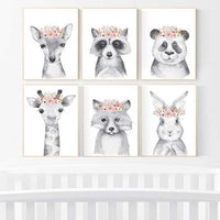 Nursery decor girl animal, woodland animals, floral nursery, black and white, nursery prints animals, nursery wall art girl animal, woodland