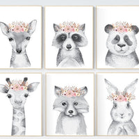Nursery decor girl animal, woodland animals, floral nursery, black and white, nursery prints animals, nursery wall art girl animal, woodland