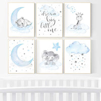 Baby boy nursery art, giraffe print nursery, Animal nursery prints, bear decor for nursery, blue grey elephant baby shower nursery decor boy