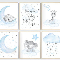 Baby boy nursery art, giraffe print nursery, Animal nursery prints, bear decor for nursery, blue grey elephant baby shower nursery decor boy