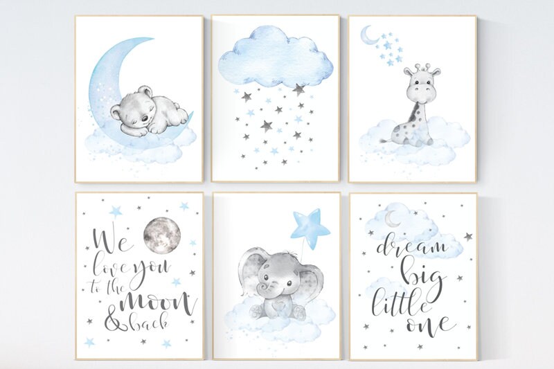 Nursery decor boy elephant, giraffe, bear, we love you to the moon and back, Blue and gray, nursery wall art boy, animal prints, dream big