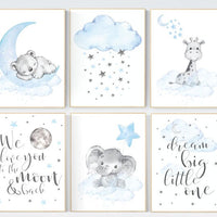 Nursery decor boy elephant, giraffe, bear, we love you to the moon and back, Blue and gray, nursery wall art boy, animal prints, dream big