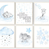 Nursery decor boy elephant, we love you to the moon and back, Blue and gray, moon and stars. nursery wall art boy elephant, baby blue, stars