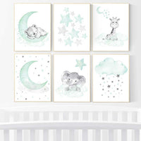 Nursery decor mint and grey, nursery wall art neutral, moon and stars, mint green, bear, giraffe, elephant, gender neutral nursery