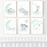 Nursery wall art gender neutral, nursery decor neutral, mint green, bear, giraffe, elephant, twin nursery, animal prints, mint green