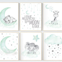 Nursery wall art gender neutral, nursery decor neutral, mint green, bear, giraffe, elephant, twin nursery, animal prints, mint green