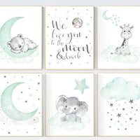 Nursery wall art gender neutral, nursery decor neutral, mint green, bear, giraffe, elephant, twin nursery, animal prints, mint green