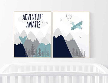 Adventure Awaits, nursery decor boy adventure, nursery decor mountain, baby room, plane nursery, boy nursery wall art, adventure nursery
