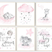 Nursery decor girl elephant, giraffe, bear, pink grey nursery, pink gray, girl nursery room decor, cloud, moon, stars, set of 6 prints