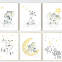 Yellow gray, yellow grey, gender neutral nursery wall art, giraffe, nursery decor elephant, gender neutral nursery ideas, twin nursery