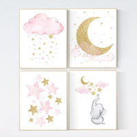 Pink and gold nursery, Nursery decor girl elephant, cloud, moon and stars, pink nursery art, girl nursery ideas, pink gold nursery wall art