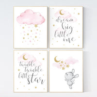 Pink gold nursery, Nursery decor girl bunny, cloud, moon and stars, pink nursery art, girl nursery ideas, pink and gold nursery wall art