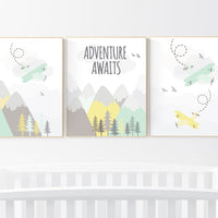 Adventure nursery decor, nursery decor airplane, world map nursery, adventure awaits, yellow mint nursery, travel theme, gender neutral