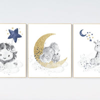 Lion, elephant and giraffe, Navy gold nursery decor, moon and stars, navy gold nursery art. baby room wall art, boy nursery decor, set of 3