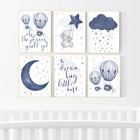 Nursery decor boy elephant, nursery wall art boy, moon and stars, navy blue, dream big little one, navy nursery set, hot air balloon