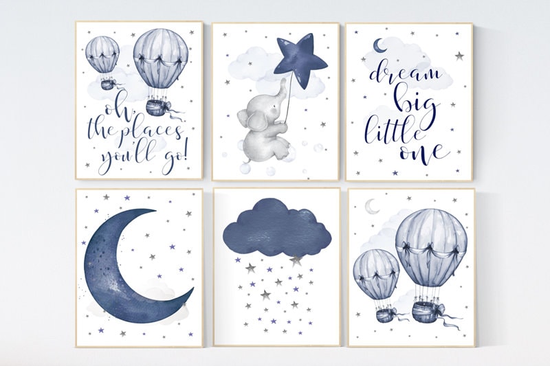 Nursery decor boy elephant, nursery wall art boy, moon and stars, navy blue, dream big little one, navy nursery set, hot air balloon