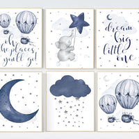 Nursery decor boy elephant, nursery wall art boy, moon and stars, navy blue, dream big little one, navy nursery set, hot air balloon