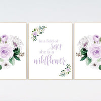 Purple flower nursery decor, Nursery decor girl purple, in a field of roses she is a wildflower, lavender nursery, lilac nursery, girls room