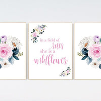 Purple pink flower nursery decor, Nursery decor girl pink purple, in a field of roses she is a wildflower, lavender nursery, lilac nursery