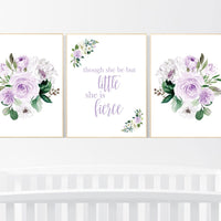 Purple pink flower nursery decor, Nursery decor girl pink purple, though she be but little she is fierce, lavender nursery, lilac nursery