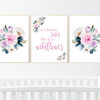 Purple pink flower nursery decor, Nursery decor girl pink purple, in a field of roses she is a wildflower, lavender nursery, lilac nursery