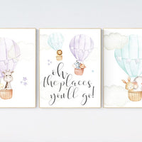 Nursery decor girl woodland, hot air balloon nursery purple and mint, hot air balloon nursery animal, lilac, elephant, giraffe, bear, bunny