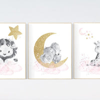 Nursery wall art lion, pink gold nursery decor, elephant, giraffe, animal prints, girl nursery ideas, nursery prints girl, cloud, moon stars