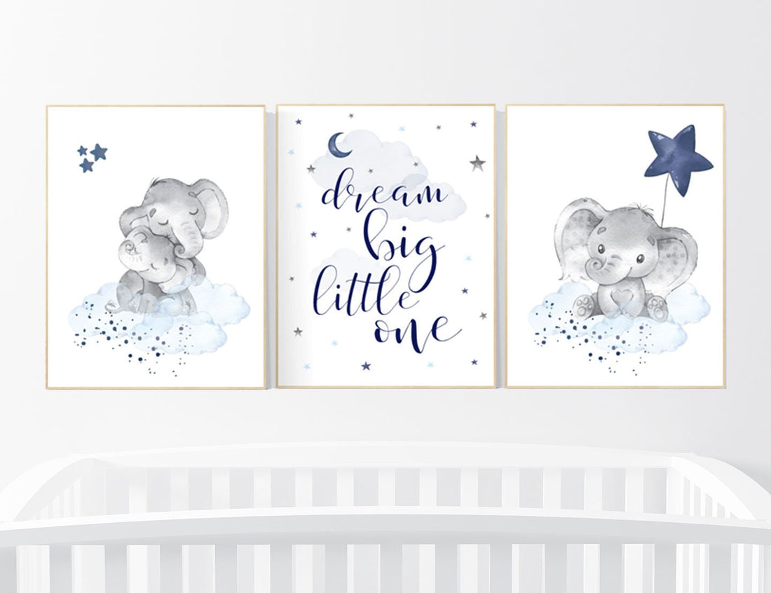 Navy nursery decor, moon and stars, navy blue nursery art. baby room wall art, boy nursery decor, set of 3, nursery prints boy, elephant art