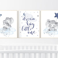 Navy nursery decor, moon and stars, navy blue nursery art. baby room wall art, boy nursery decor, set of 3, nursery prints boy, elephant art