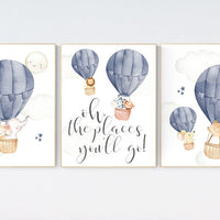 Hot air balloon nursery, Nursery decor boy, navy blue, travel theme, elephant, bear, lion, monkey, bunny, travel nursery, woodland animals