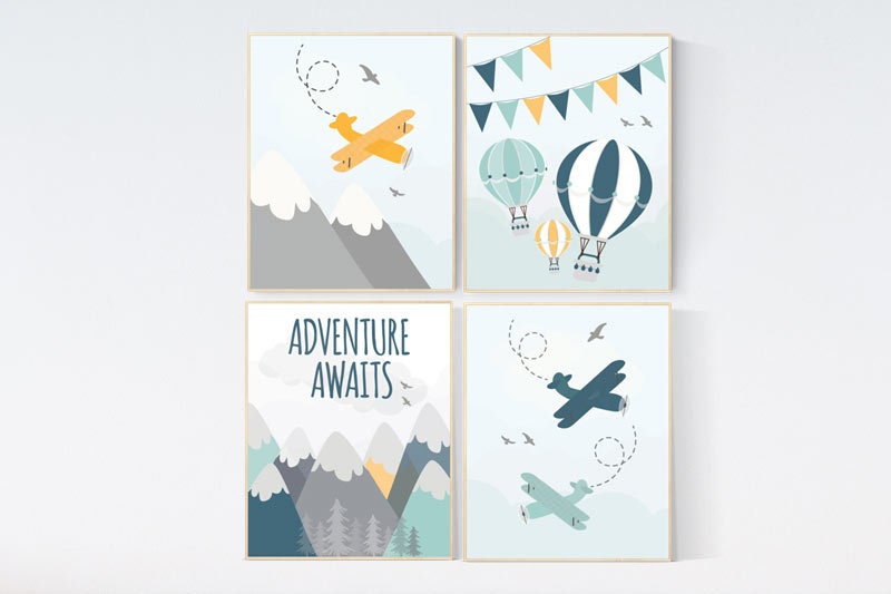 Nursery decor boy adventure, nursery decor boy prints, mountain print nursery, adventure awaits, adventure nursery decor, hot air balloon