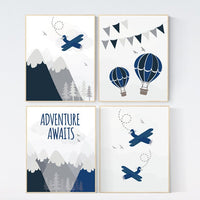 Mountain wall art nursery, nursery decor boy prints, adventure awaits, adventure nursery decor, navy blue nursery, plane nursery decor