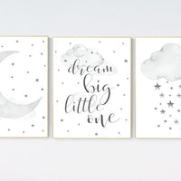 Nursery wall art black and white, gray nursery, nursery decor neutral, baby room decor gender neutral cloud and stars, dream big little one