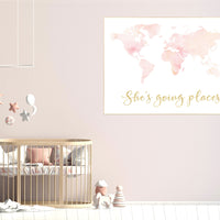 Blush nursery, watercolor world map, light coral, light peach, Nursery baby girl room, nursery wall art map, map print, girl room decor