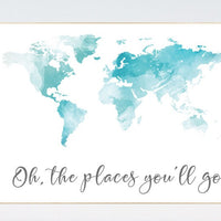 Aqua nursery decor, blue nursery, World Map wall art, watercolor world map nursery, world map wall art, aqua nursery decor, world map print